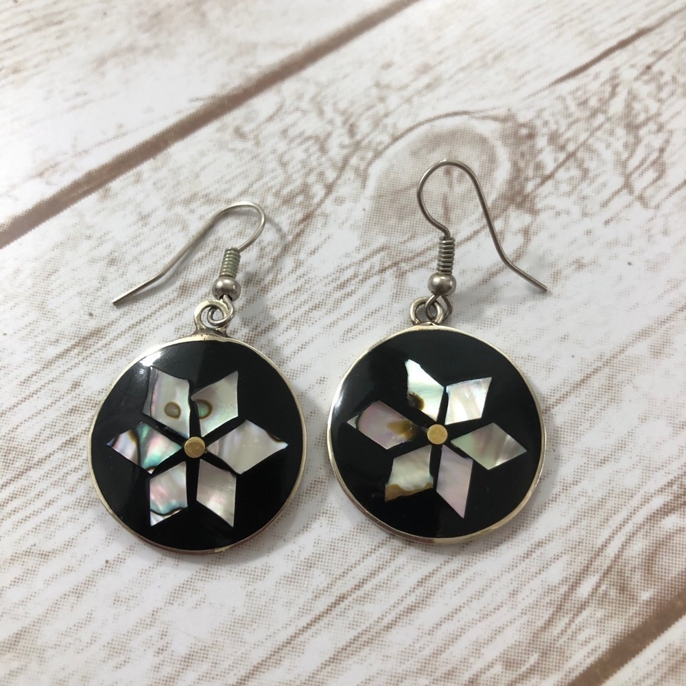 Onyx Flower Abalone Inlay Dangling Earrings